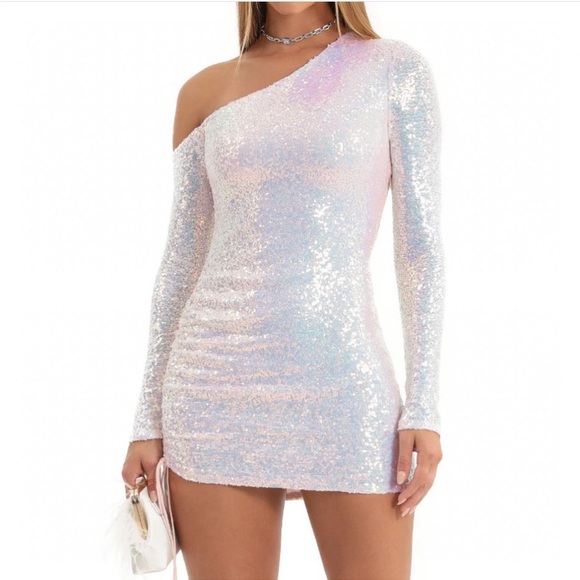 Lucy In The Sky, light pink iridescent, full sequined dress. - Picture 5 of 6